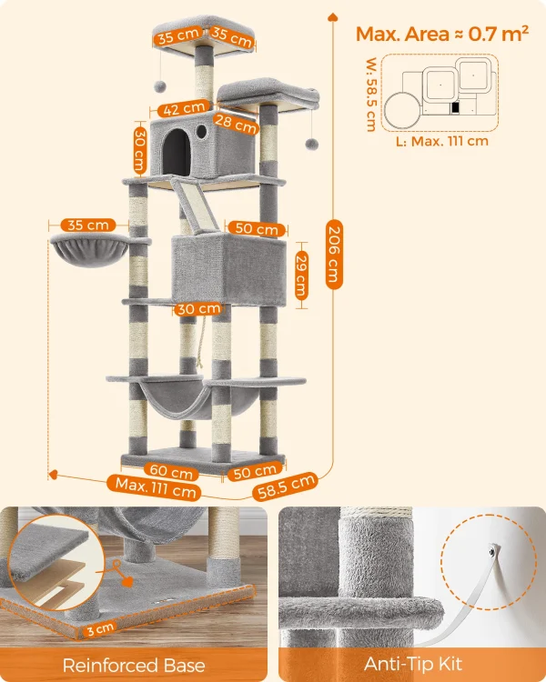 Feandrea Cat Tree, Height 206 cm, with 13 Scratching Posts