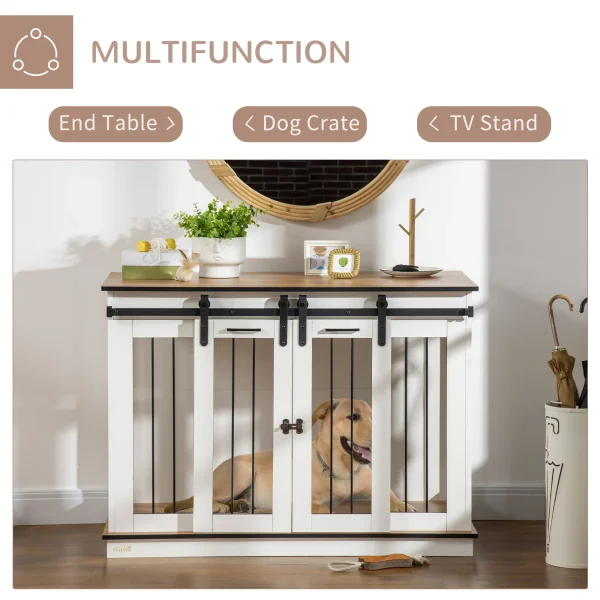 PawHut Dog Crate Furniture End Table w/ Soft Washable Cushion, Lockable Door