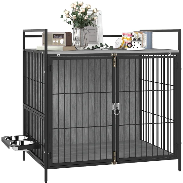 Dog Crate Furniture with Rotating Bowl Holder