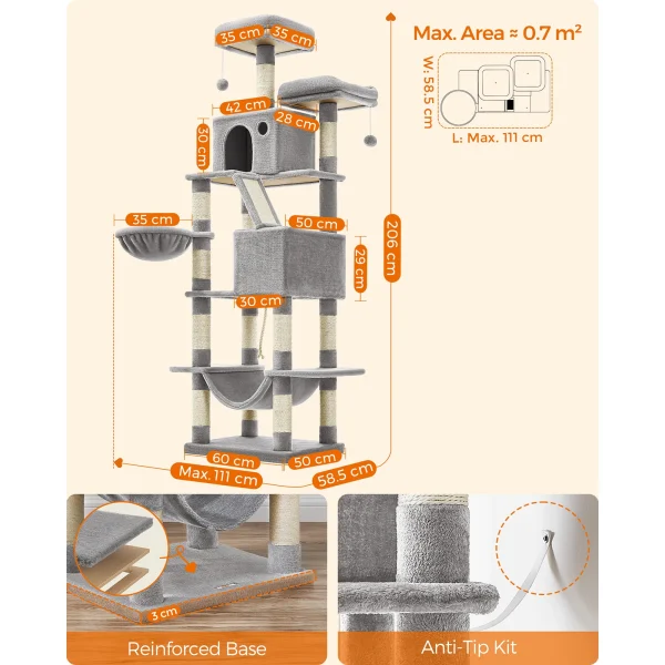 Feandrea Cat Tree, Height 206 cm, with 13 Scratching Posts
