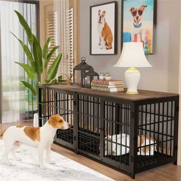 Metal Wooden Dog Kennels with Three Doors and Removable Tray