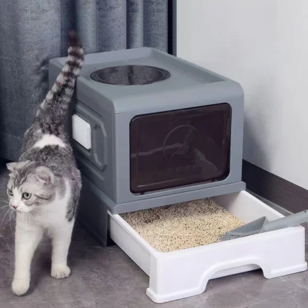 Large Anti-splashing Cat Litter Box with Scoop & Grooming Board