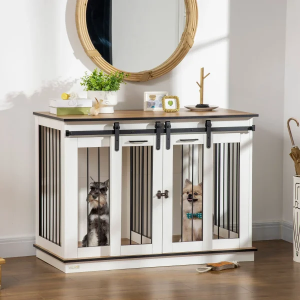 PawHut Dog Crate Furniture End Table w/ Soft Washable Cushion, Lockable Door