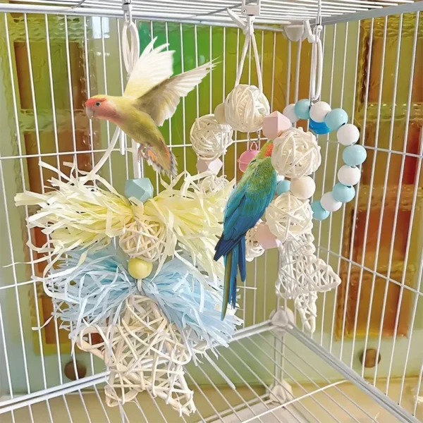 3Pcs Bird, Toys Handmade Cockatiels With Rattan 5-pointed Stars