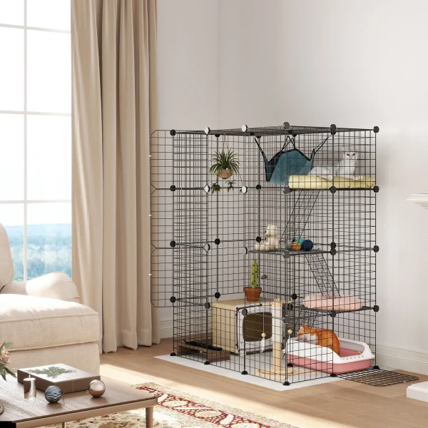 4-Tier Cat Cage Indoor, DIY Cat Playpen with Hammock, Ramps, 5 Doors