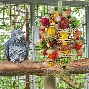 Hanging Bird Toy for Large Parrots, with Rattan Balls, Wooden Bea