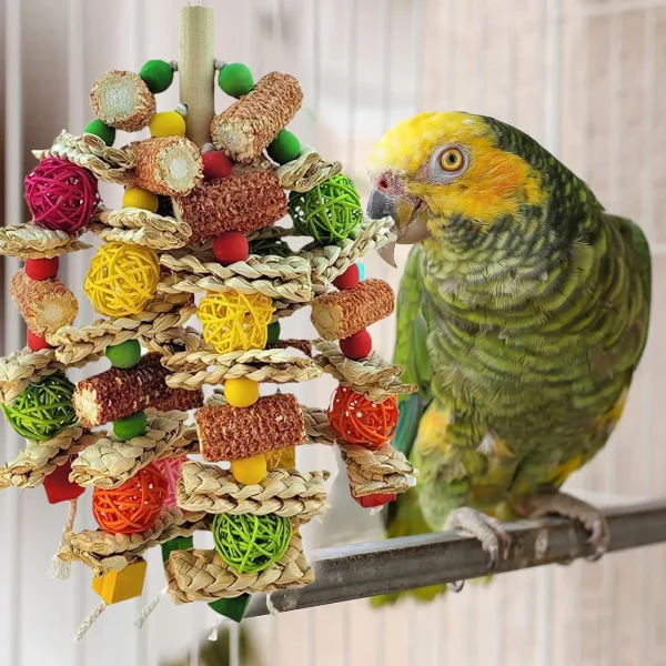 Hanging Bird Toy for Large Parrots, with Rattan Balls, Wooden Bea