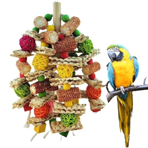 Hanging Bird Toy for Large Parrots, with Rattan Balls, Wooden Bea