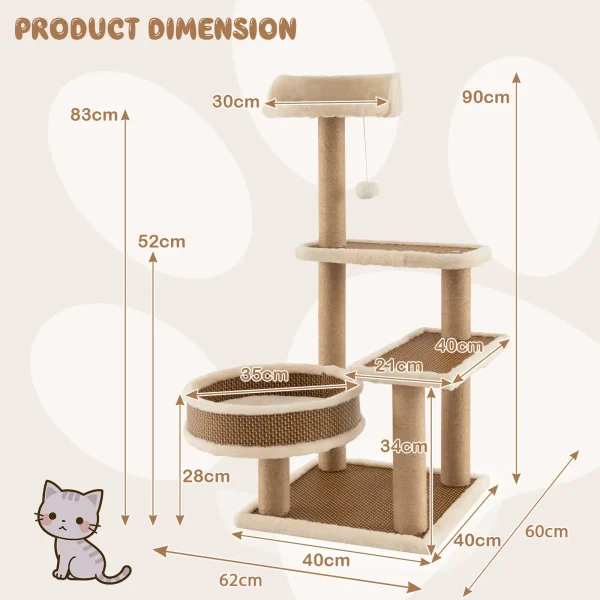 Multi-Level Cat Tree Tower, 90 cm Climbing Stand Scratching Posts