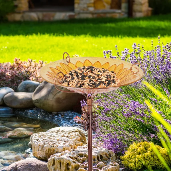Glass Bird Bath Garden, Outdoor Birdbath, Birdfeeder with Metal Stake