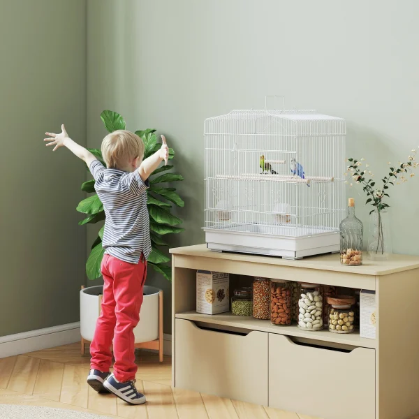 PawHut 59cm Large Bird Cage with Perches, Food Bowls, Swing, White