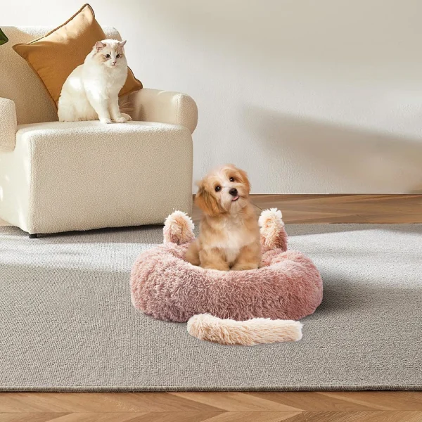 Light Brown 60cm Round Plush Pet Bed with Cute Ears