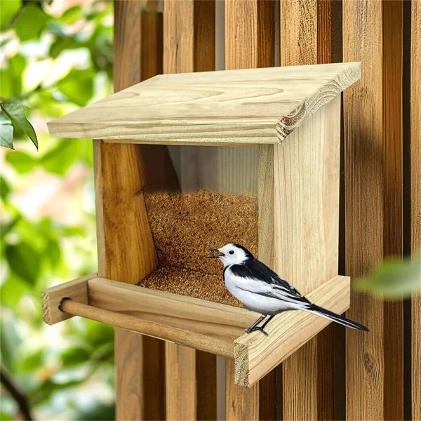Hanging Wooden Bird Feeding Station with Perch for Outdoor, Yard
