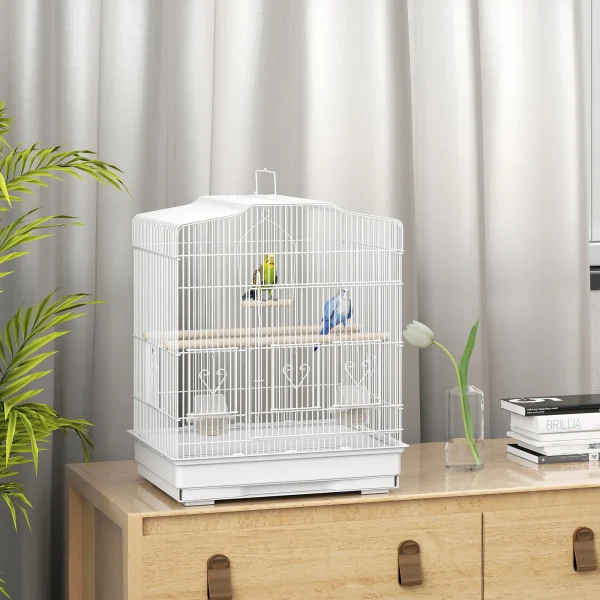 PawHut 59cm Large Bird Cage with Perches, Food Bowls, Swing, White