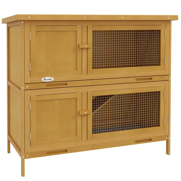 PawHut Double Decker Rabbit Cage With Tray, Yellow