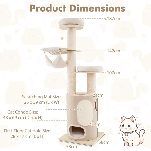 187 cm Tall Wooden Cat Tower Tree with 2-Story Cat Condo & Hammocks