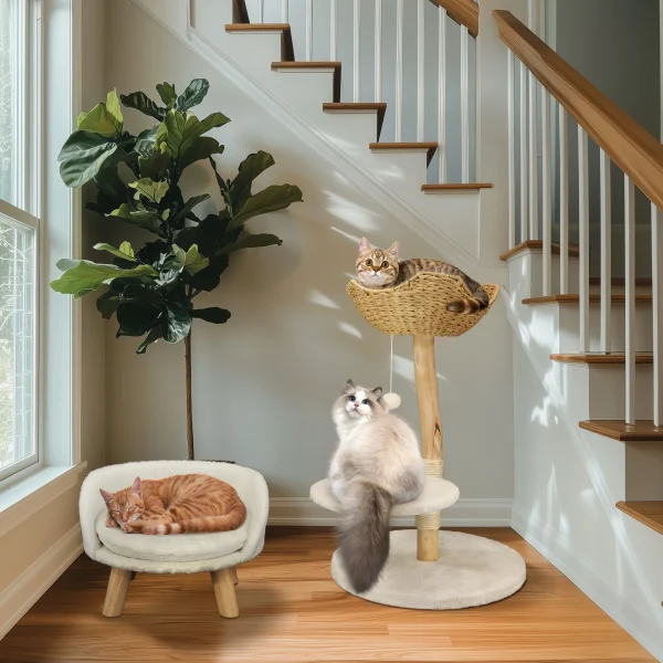 Modern Solid Wood Cat Tree with Plush Cushion and Toy Ball