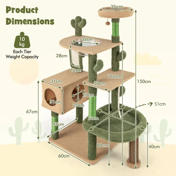Multi-level Cat Tower 150 cm Cactus Cat Tree for Indoor Cats