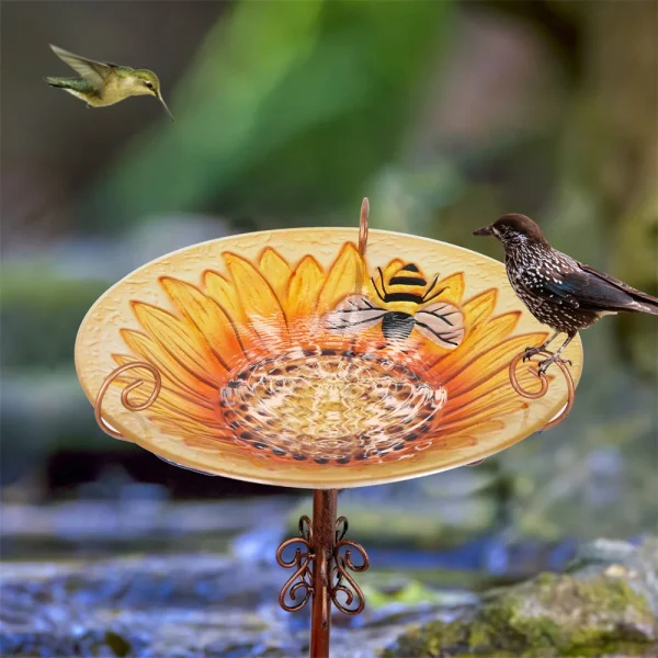 Glass Bird Bath Garden, Outdoor Birdbath, Birdfeeder with Metal Stake