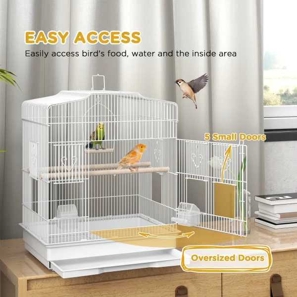 PawHut 59cm Large Bird Cage with Perches, Food Bowls, Swing, White