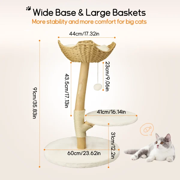 Modern Solid Wood Cat Tree with Plush Cushion and Toy Ball