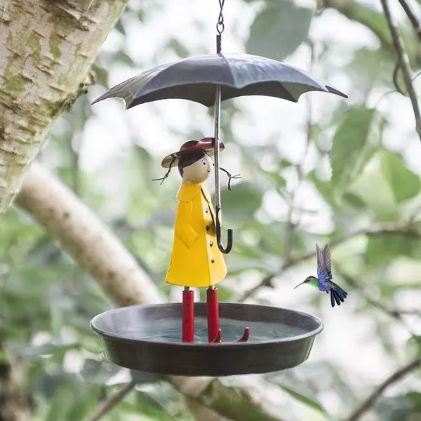 Hanging Bird Feeder Girl with Umbrella Tray