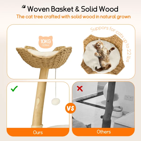 Modern Solid Wood Cat Tree with Plush Cushion and Toy Ball