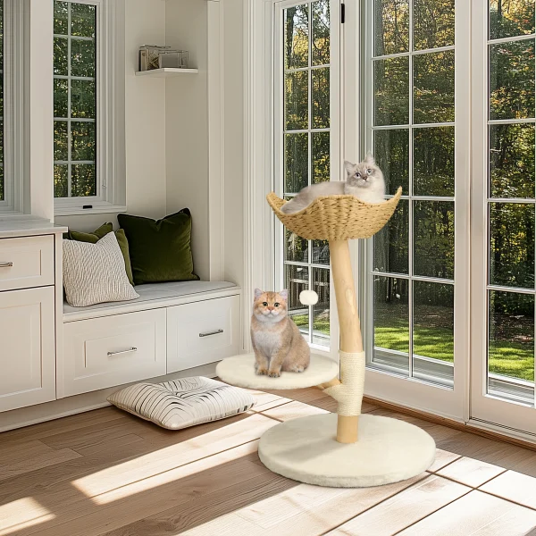 Modern Solid Wood Cat Tree with Plush Cushion and Toy Ball