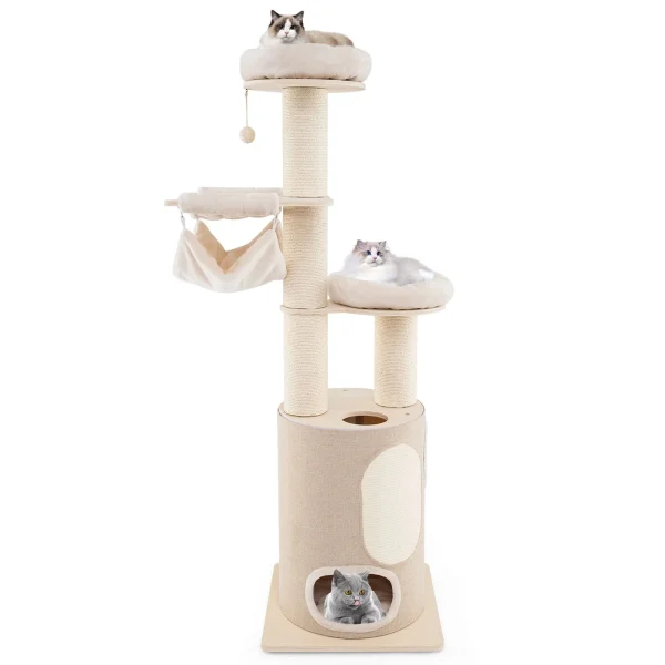 187 cm Tall Wooden Cat Tower Tree with 2-Story Cat Condo & Hammocks