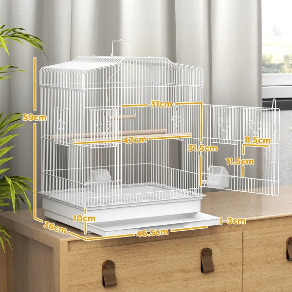 PawHut 59cm Large Bird Cage with Perches, Food Bowls, Swing, White