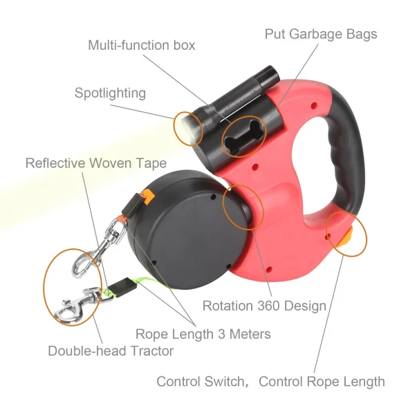 2 Color Retractable Dual Double Pet Leash