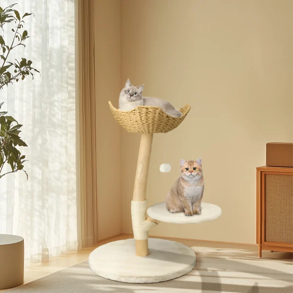 Modern Solid Wood Cat Tree with Plush Cushion and Toy Ball