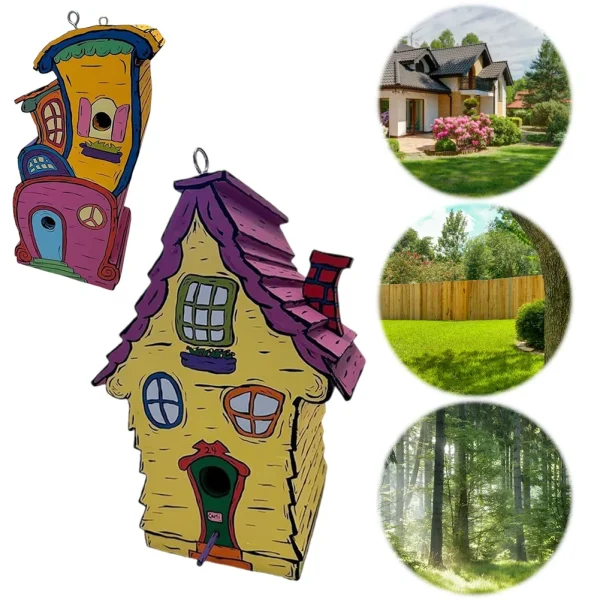 Cartoon Paint Bird Nest with Perch, Cute Small Nesting Box
