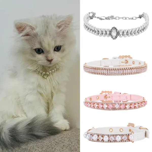 Luxury Cat Pearl Necklace, Rhinestone Collar
