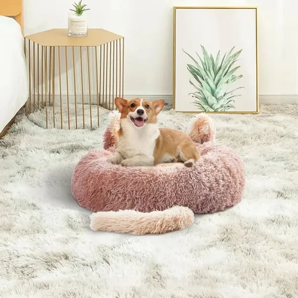 Light Brown 60cm Round Plush Pet Bed with Cute Ears